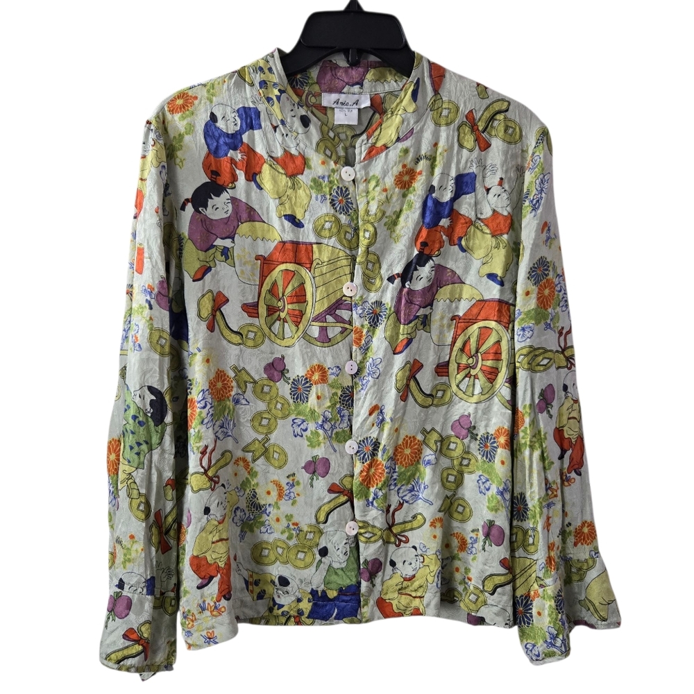 Aria A Silk Button Up Blouse Top  Artsy Asian Inspired Art To Wear